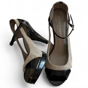 Franco Sarto SULU gray seude and patent black heels size 9